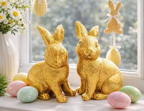 KAMACA 2er Set Deko-Hasen Gold – Elegante Osterfiguren aus Polyresin – Moderne Frühlingsdeko für Tisch & Fensterbank – 12 cm
