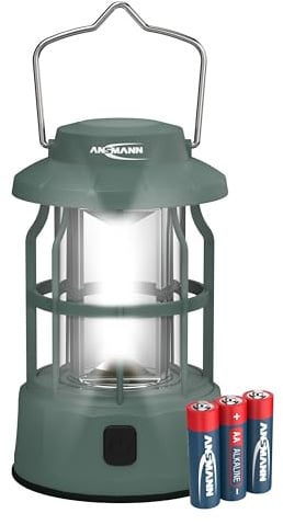 ANSMANN LED Campinglampe, wiederaufladbare Outdoor Laterne mit drei Leuchtmodi inkl. 3x AA Batterien, robust kompakt hell leicht, batteriebetrieben und langlebig, ideal fürs campen und zelten