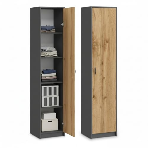 Home Collective Bücherregal Kleiderschrank Regal anthrazit-Eiche 50cm breit 180cm hoch Schrank Organizer Mehrzweckschrank mit 4 Einlegeböden Aktenschrank Regal Holz für Schlafzimmer Flur Keller Büro