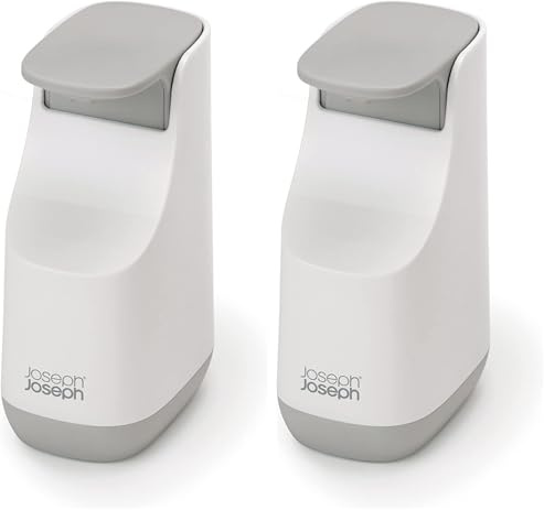 Joseph Joseph Bathroom Slim, Compact Soap Dispenser, Easy-push Pump Head, Non Drip Nozzle, Fill-level Window, Refillable, White/Grey (Pack of 2)