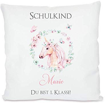 Persönliches Geschenk zur Einschulung für Mädchen - Kissen Du bist 1. Klasse mit Name des Schulkindes und niedlichem Einhorn