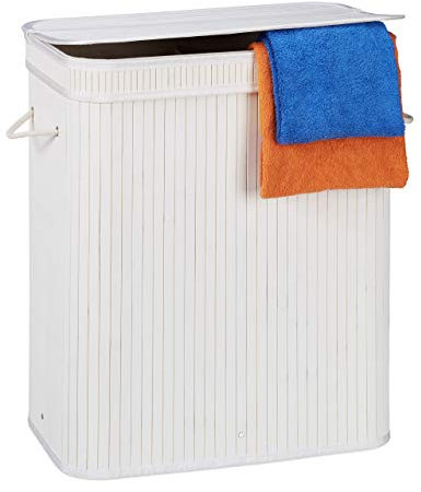 Relaxdays Wäschekorb Bambus, rechteckiger Wäschesortierer, 2 Fächer, mit Klappdeckel, platzsparend faltbar, 95 l, weiß