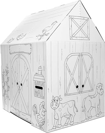 Easy Playhouse Barn - Kids Art & Craft for Indoor & Outdoor Fun, Color Favorite Farm Animals – Decorate & Personalize The Cardboard Fort, 32 by 26. 5 by 40. 5 inches - Made in USA, Age 3 and up