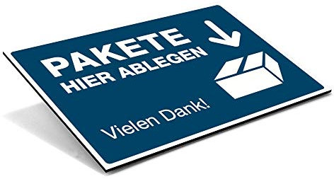 STEMPEL-FABRIK Schild Pakete Hier ablegen - Vielen Dank – Ablageort-Schild für die Zustellung von Paketen – wetterfestes Alu-Verbund Hinweisschild (300 x 200 x 4 mm | Signalblau)