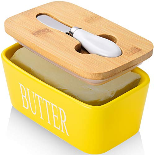 AISBUGUR Große Butterdose für 250g Butter, Butterdose mit Messer Keramik Butterdose Double-Layer-Silikon-Dichtung Butterdose mit Deckel, Gute Küche Geschenk (Gelb)