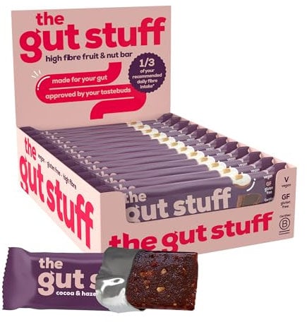 The Gut Stuff High Fibre Fruit & Nut Bars – Gut Friendly Snack, Gluten Free, Vegan, Low Calorie, All Natural - Cocoa & Hazelnut, 12 x 35g Box