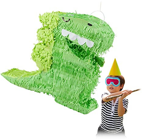 Relaxdays 2 x Dino Pinata, zum Aufhängen, Kinder, Mädchen & Jungs, Geburtstag, zum Befüllen, Deko, Pinata Dinosaurier, grün