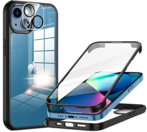 seacosmo for iPhone 13 Case 6.1 Inch, Full-Body Shockproof Case with Built-in Glass Screen Protector and Camera Lens Protector Rubber Bumper Case Cover for iPhone 13 2021- Black/Clear