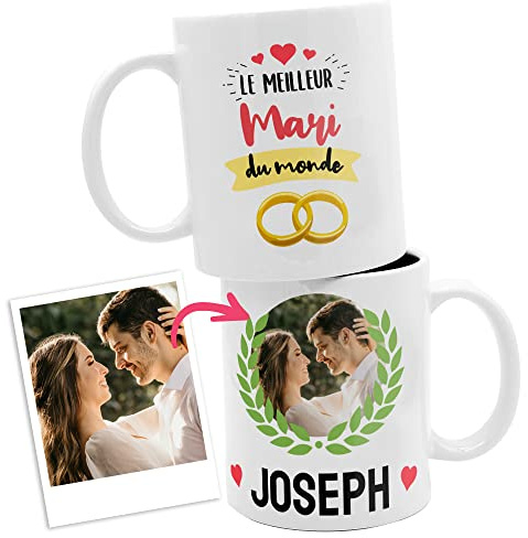 ETIKIDS Tasse LE MEILLEUR MARI DU MONDE avec prénom et photo personnalisés. Idéal cadeau de Noël ou d'anniversaire personnalisé original. Tasse de petit déjeuner en céramique (Meilleur Mari)