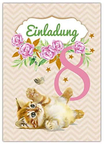 Junapack 12 Einladungskarten zum 8. Kindergeburtstag achte Geburtstag Mädchen Katze