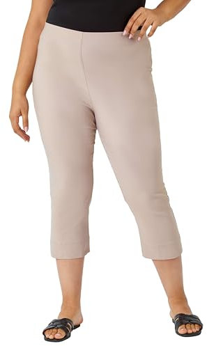 Roman Originals Plus Size Cropped Trousers for Women UK Ladies Curve Capri Leggings Summer Pants Short Crop Stretch 3/4 Length Three Quarter Pedal Pusher Clothes Elasticated - Taupe - Size 30