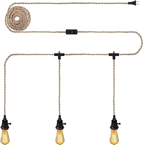 ANYPOWK Kit de cordon de suspension en corde avec prise et interrupteur – Triple prises, 29 pieds, vintage (ampoule non incluse), M-Lrope-29ft