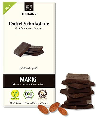MAKRi® BIO Dattel Schokolade - ohne raffinierten Zucker, Mit Datteln gesüßt, Vegan & Fair gehandelt (Edelbitter 80%, 1 Tafel)
