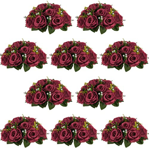 NUPTIO Blume Hochzeit Tafelaufsätze für Tische - 10 Stück 24cm Durchmesser Burgunderrot Künstliche Blumen für Tisch Gefälschte Rose Arrangements für Hochzeiten Geburtstag Party Dekoration