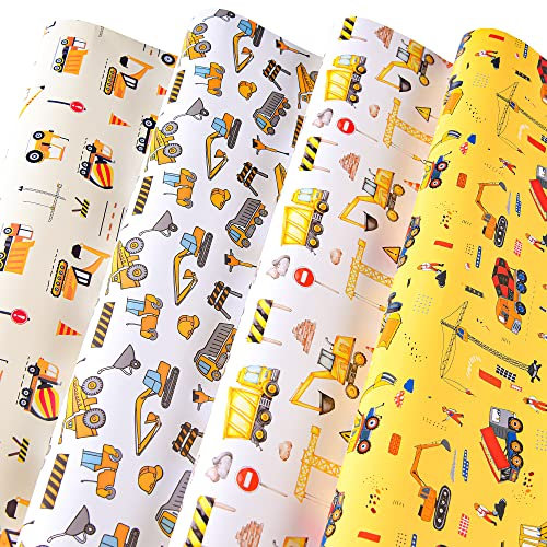 Titiweet Bau-Geschenkpapier für Jungen & Kinder – 12 Blatt LKW & Traktor Geschenkpapier für Geburtstag & Urlaub, 50,8 x 71,1 cm