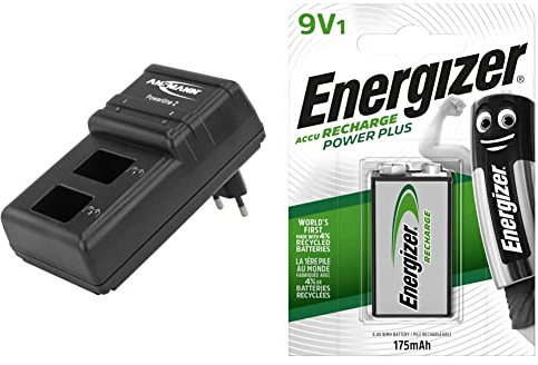 ANSMANN Chargeur de Piles Powerline 2 – Chargeur pour 1 à 2 Piles NiMH HR9V / Bloc 9V – Appareil de Recharge avec Affichage LED & Energizer Pile 9V Rechargeable, Recharge Power Plus, Pile Simple