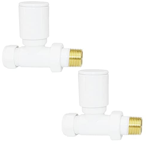 Warmehaus Pair of Straight Radiator Valves White | for Heated Towel Rail Radiator, Solid Brass, 15mm Inlet, Central Heating