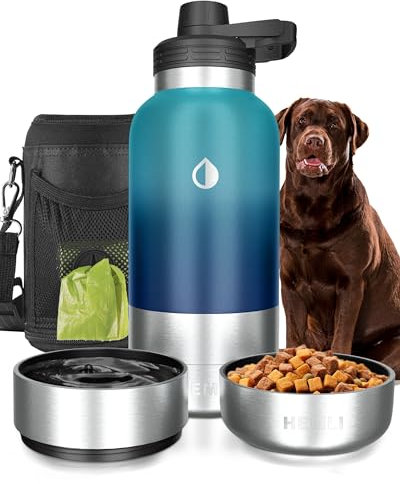 Hunde-Wasserflasche, isoliert, Reise-Wasserflasche, Edelstahl, tragbarer Futter- und Wassernapf für Hunde, mit Tragetasche für Spaziergänge, Reise-Set, Grün / Blau, 900 ml