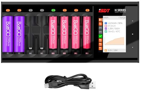 ISDT N8 Smart NiMH Ladegerät, AA AAA Batterieladegerät Analyzer mit 8 unabhängigen Steckplätzen, USB-C LCD, Schnellladung für Mini Z wiederaufladbare Batterien