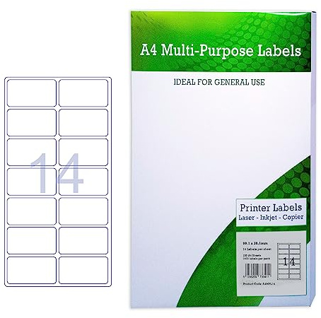 Mehrzweck-Etiketten, A4, 14 pro Blatt, 99,1 x 38,1 mm, Weiß, 100 Stück