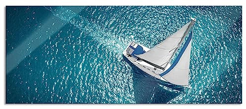 Pixxprint Glasbild Panorama, Wandbild aus Echtglas, Einsames Segelboot auf dem Meer, 100x40 cm, inkl. Aufhängung und Abstandshalter