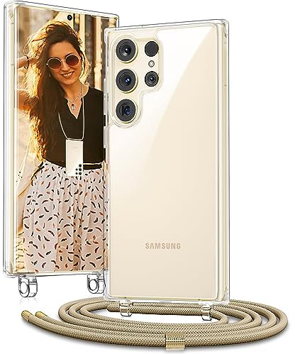 Vaykwo Handykette für Samsung Galaxy S23 Ultra 6.8 Zoll Hülle mit Band - Necklace Handyhülle - Transparente Case zum Umhängen mit Kameraschutz und Bildschirmschutz - Golden