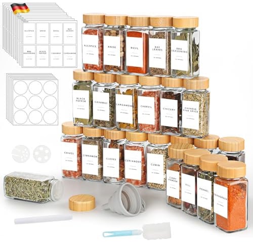 Lannvan Pot à Épices en Verre et Bois - 24 Pièces 120ml Bocaux à Épices Françaises - Boite a Epices Cuisine Rangement - avec Tamis, 246 Étiquettes, Entonnoir
