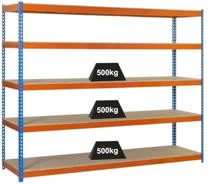 PROREGAL Schwerlastregal Wood Beast Five | HxBxT 200x210x60cm | 5 Ebenen | Fachlast 500kg | Blau-Orange | Weitspannregal Werkstattregal Lagerregal Kellerregal Gargenregal