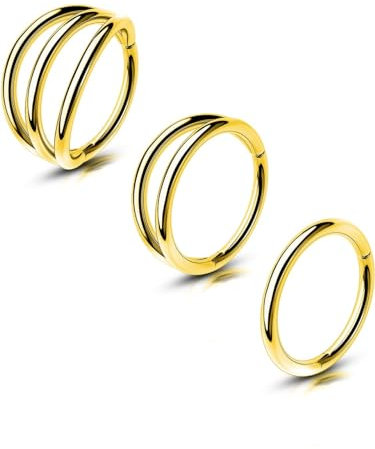 OUFER Body Piercing Cartilage Earring Hoops Gold 3pcs Helix Piercing Ring Hoop 16G 316L Stainless Steel Tragus Lip Labret Rook Snug Conch Piercing Jewellery