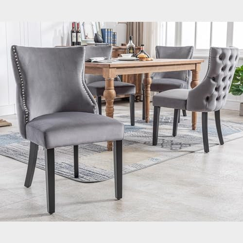 KnSam 4-Fußstuhl, Stuhl Grau Samt Esszimmerstuhl, Konferenzstuhl mit Knopfsteppung, Gestell aus Massivholz, Grau, (Set, 4 St)