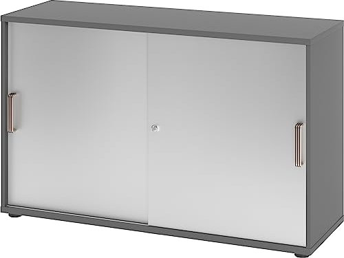 bümö Schiebetürenschrank 2OH - Aktenschrank abschließbar, Sideboard Schrank mit Schiebetüren in Graphit/Silber, Streifengriff - Büroschrank aus Holz mit Schiebetür, Büro Kommode für Ordner & Co.