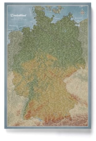 CANVASCALE Canvas Deutschlandkarte mit Pinnwand Kork zum Pinnen der Reiseziele - Wanddeko für Jeden Raum - Hochwertige Leinwand Bilder mit Deutschlandkarte (70x50 cm, Muster 8)