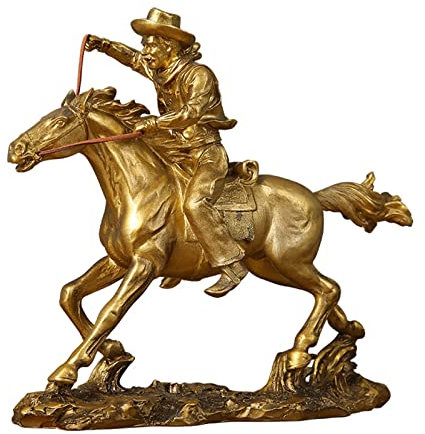 KIUGOP Western Cowboy Pferd Statue Europäisches Reitpferd Figur Ornament Sammlerstück Tierfigur Glück und Reichtum Einweihungsgeschenke,Gold