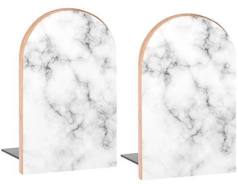 Buchstützen aus weißem Marmorstein, dekorative Holz-Buchstützen für Regale, Schreibtisch, Heimbüro, Buchstopper für Zeitschriften, Bücher, DVDs, 2 Stück