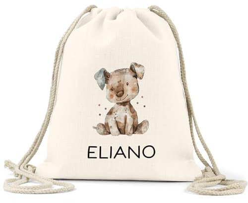 Personalisierter Turnbeutel Affe, Elefant, Hund, Katze, Kuh, Tiger, Löwe, Pferd, Wal, Hase | mit Wunschnamen | Tierkinder | Rucksack für Schule, Kindergarten, KITA und KIGA Wäschebeutel (Hund)