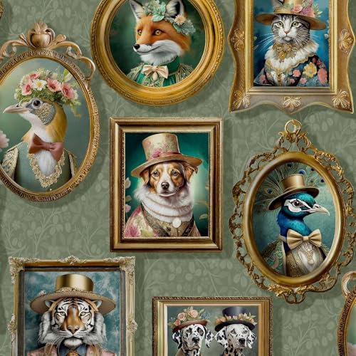 Regal Beasts Animals Dogs Foxes Peacocks in Costumes Sage Green Wallpaper for Feature Walls and Bedrooms, Hallways, Rest Rooms - Animal Print Dog Cat Fox Peacock Artistic - Trendy Stylish Feature Wall