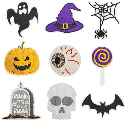 Monsully 9 Pcs Halloween Iron on Patches, Halloween Appliques Sticker Pumpkin Cobweb Cute Ghost Rock Punk Band Patch Punk Iron-on Patches for Clothing, Shirts, Backpacks, Jackets, Jeans
