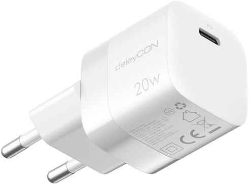 deleyCON USB C Ladegerät (Kompaktes Schnellladegerät) USB-C Netzteil für iPhone 17, 16, 15, Pro, Pro Max, iPad, AirPods 4, Airpods Max, Watch, Galaxy S25/S24, Pixel, Handy, PD 3.0 Charger - Weiß