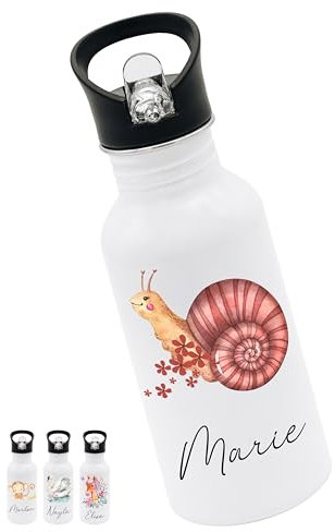 Bärenfreunde® - Personalisierte Trinkflasche Kinder Edelstahl [ 500ml ] - Robuste Trinkflasche mit Namen - Wasserflasche mit Trinkhalm - Personalisierte Geschenke für Kinder (Schnecke)