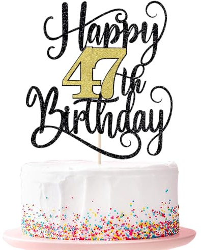 happy 47th birthday cake topper， 47 birthday party cake decorations (Black and gold flashes, 47th)