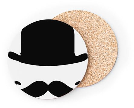Gentleman Design, rund, Kork-Basis, Schwarz und Weiß, Hut Melone und Schnurrbart, 1 Stück (95 x 95 mm)