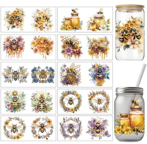 arricraft 10 Blatt Transferaufkleber Mit Bienen Und Blumenmotiv 11x24cm (4.33x9.45 Zoll) Bienenstock Honig Topf Transferpapier Wasserdichte PVC Aufkleber Für DIY Gläser Dekorativ