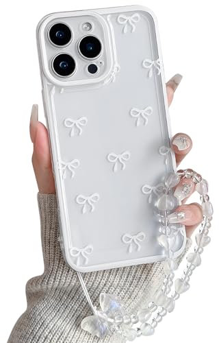 NITITOP Compatible with iPhone 16 Pro Max Case Cute Clear White Durable Ribbon Bowknot Pattern for Girls Women with Chain Wrist Strap Soft TPU Transparent Shockproof Protective Phone Cover - White