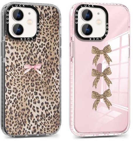 RUMDEY 2 Pack Cute Cheetah Print Phone Case for iPhone 12 Mini Pink Bow Case 5.4, Clear Coquette Fashion Luxury Leopard Pattern Design Girls Women Funda Shockproof Soft TPU Protection Cover