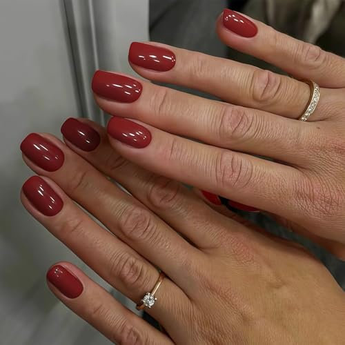 24 Stück Press on Nails Rot - Reine Farbe Kunstnägel Kurz - Full Cover Square Falsche Nägel - Glänzend Acryl Kunstnägel Zum Aufkleben für Frauen & Mädchen Nail Art Maniküre (Red Brown)