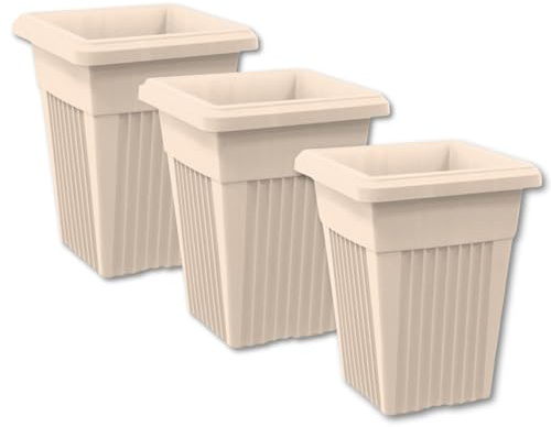 SIDSONS 40cm Tall Upright Planter - Large Plastic Pillar Flower Pot, Modern Garden, Patio & Front Door Decor, Big Flower Pots Indoor & Outdoor, Suitable For Plant, Flowers, Herbs (3, Taupe)