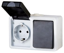 Interruptor y enchufe gris de superficie 1 llave 2 vías IP54 4000W montaje en superficie toma con protección contra salpicaduras PVC