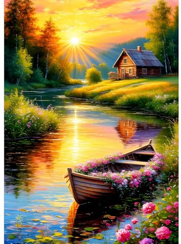 DPHERO DIY Hütte Diamant Painting Kits Bilder für Erwachsene Anfänger,5D Boot Diamond Painting Set,DIY Runde Steine Sonnenuntergang Spiegelung Diamant Kunst Kits, Diamant Art für Zuhause Dekor 30x40cm