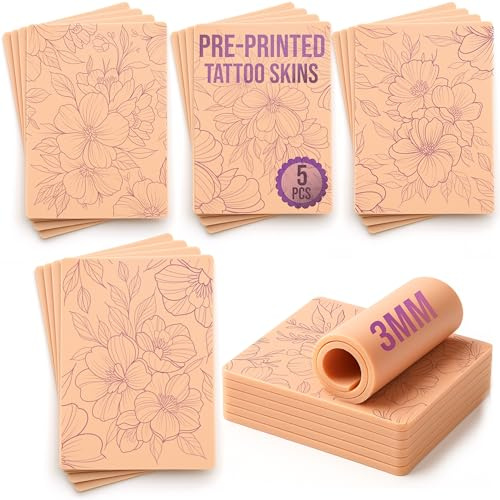 Stencil Skins Pre Printed Fake Skin Tattoo Set 5 Botanical Designs, 3mm Silicone Fake Skin Pad, Practice Shading, Line Work & Color for Tattoo Artists & Beginners Floral