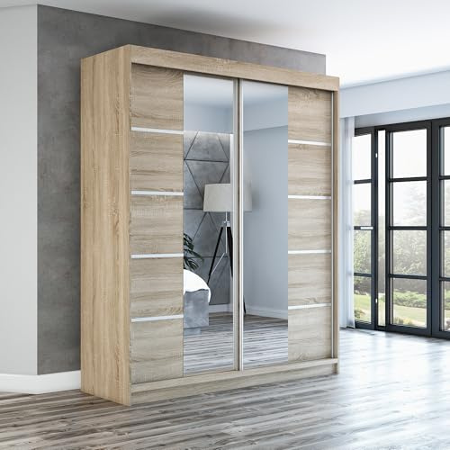 A&J MöbelLand Schwebetürenschrank ERA Kleiderschrank 2-türig mit Spiegel, Garderobe 160 cm (Sonoma/Sonoma/Sonoma)